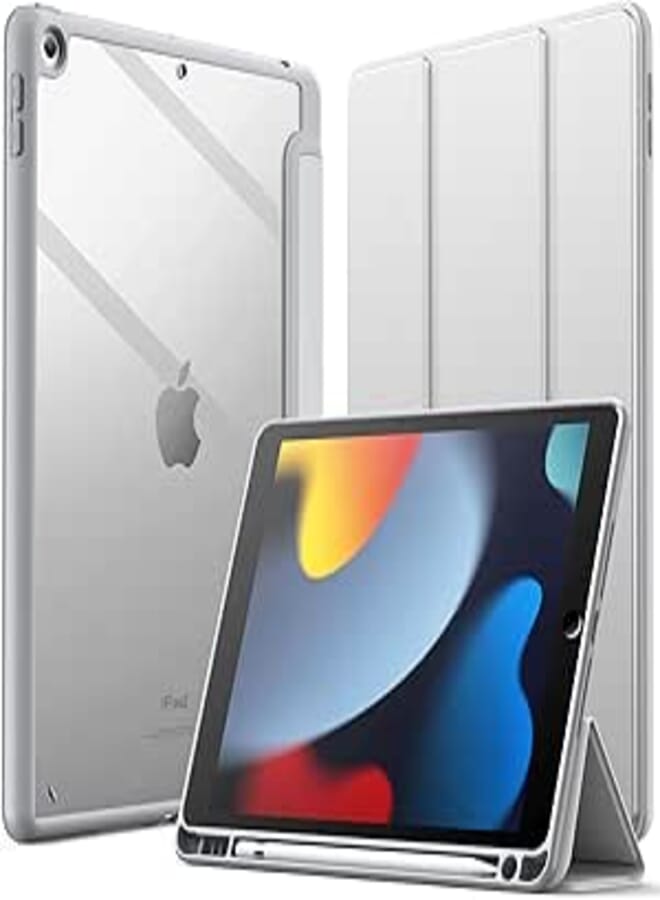 JETech Case for iPad 10.2-Inch (9th/8th/7th Generation, 2021/2020/2019) with Pencil Holder, Clear Transparent Back Shell Slim Stand Shockproof Tablet Cover, Auto Wake/Sleep (Silver)